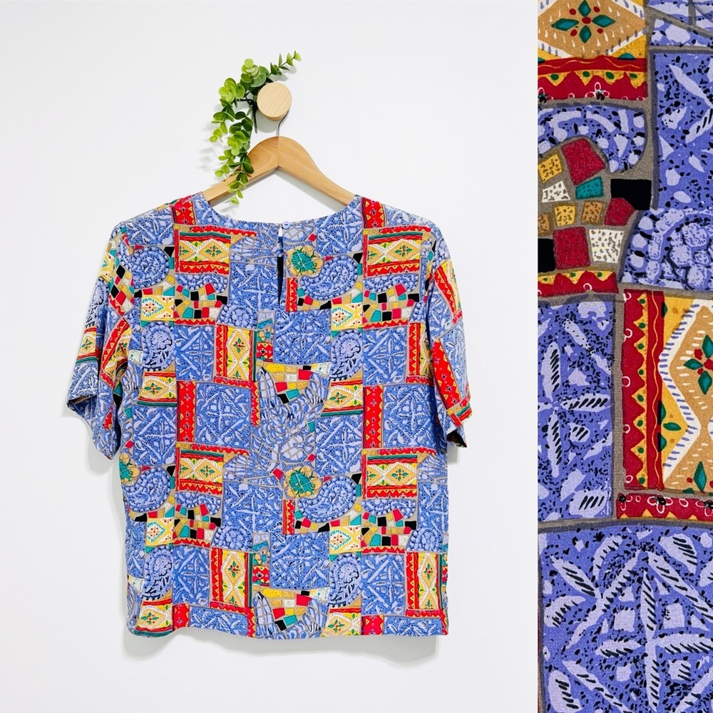 Annie Alexander Vintage 100% Silk Boxy Fit Aztec Artsy Blouse